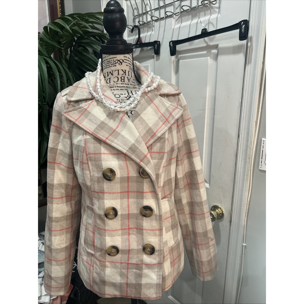 OLD NAVY BEIGE PLAID PRINT‎ WOOL DOUBLE BREASTED PEA COAT JACKET SIZE S